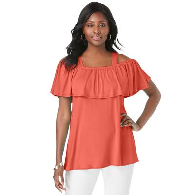 Plus Size Women's Stretch Knit Cold Shoulder Ruffle Tunic by Jessica London in Dusty Coral (Size 22/24) Long Shirt