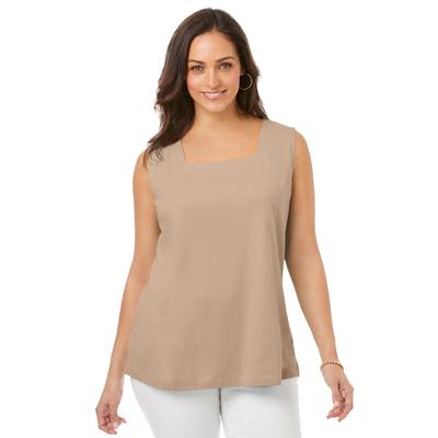 Plus Size Women's Stretch Cotton Square Neck Tank by Jessica London in New Khaki (Size S)