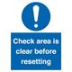 Schild "Check area is clear before reset", 300 x 400 mm, A3P