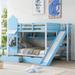 Full Over Full Bunk Bed for Kids, Castle Bunk Beds with 2 Drawers, 3 Shelves & Slide, Solid Wood Full Bunk Bed, Blue