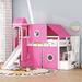 Twin Size Loft Bed with Tent and Tower, Castle Low Loft Bed with Slide and Storage Staircase, Solid Wood Bunk Bed Frame, Pink