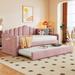 Twin Size Upholstered Daybed with Trundle, Velvet Sofa Bed with USB Port & 2 Large Pockets for Bedroom, Wood Slat Support, Pink
