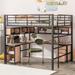 Full Size Metal Loft Bed with L-Shaped Desk, Bookcase and Storage Cabinet, Heavy Duty High Loftbed Frame with Shelves & Ladder