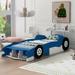 Twin Size Race Car Bed with Wheels, Wood Twin Size Bed for Kids, Car-Shaped Platform Twin Bed with Storage Shelves, Blue