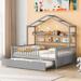 Full Size House Bed with Twin Size Trundle, Kids Platform Frame Storage Shelves/Fence/Roof, Tent Size, Wooden Playhouse, Gray