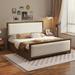 Queen Size Upholstered Platform Bed with 4 Storage Drawers, Wood Bed Frame with Linen Headboard, Beige+Natural