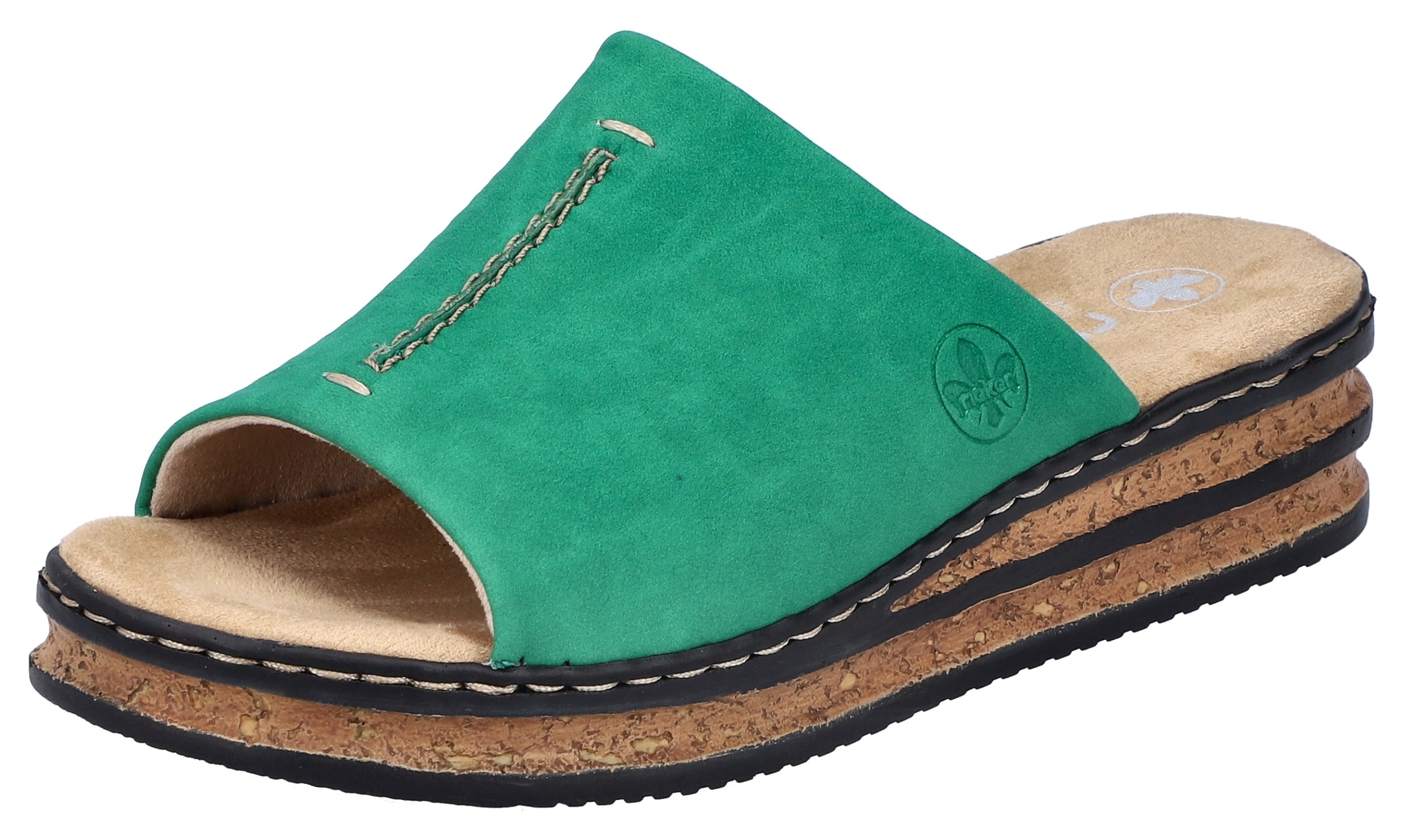 Pantolette RIEKER, Damen, Gr. 38, grün (smaragd), Lederimitat, Schuhe Pantolette, Keilabsatz, Sommerschuh, 150 Jahre RIEKER Jubiläumsartikel