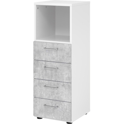 bümö smart Schubladenschrank, Büroschrank in Weiß/Beton mit 4 Schüben & 1 Regalfach - Bürocontainer aus Holz, Container mit Metallgriffen & Soft-Stop Image
