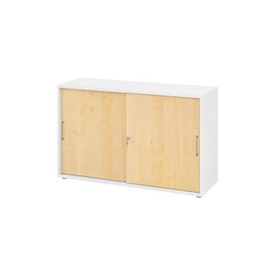 bümö Schiebetürenschrank 2OH - Aktenschrank abschließbar, Sideboard Schrank mit Schiebetüren in Weiß/Ahorn, Bügelgriff - Büroschrank aus Holz mit Image