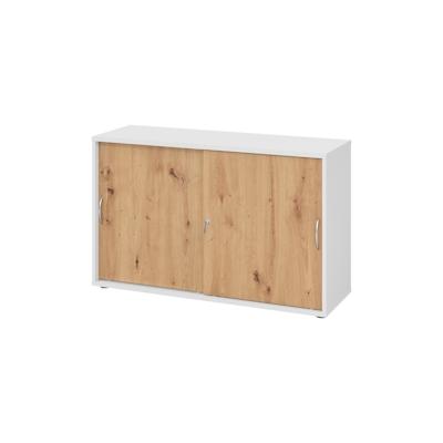 bümö Schiebetürenschrank 2OH - Aktenschrank abschließbar, Sideboard Schrank mit Schiebetüren in Weiß/Asteiche, Bogengriff - Büroschrank aus Holz mit Image