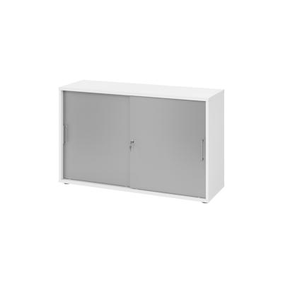 bümö Schiebetürenschrank 2OH - Aktenschrank abschließbar, Sideboard Schrank mit Schiebetüren in Weiß/Silber, Bügelgriff - Büroschrank aus Holz mit Image