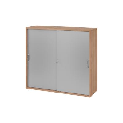 bümö Schiebetürenschrank 3OH - Aktenschrank abschließbar, Sideboard Schrank mit Schiebetüren in Nussbaum/Silber, Bogengriff - Büroschrank aus Holz Image