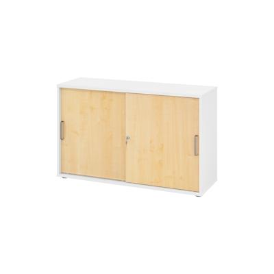 bümö Schiebetürenschrank 2OH - Aktenschrank abschließbar, Sideboard Schrank mit Schiebetüren in Weiß/Ahorn, Streifengriff - Büroschrank aus Holz mit Image