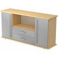 bümö Sideboard Ahorn/Silber/Silber mit Flügeltüren & Regal - Büromöbel Sideboard mit Schubladen Holz 166cm breit, 45cm schmal, Büro Schrank für Flur