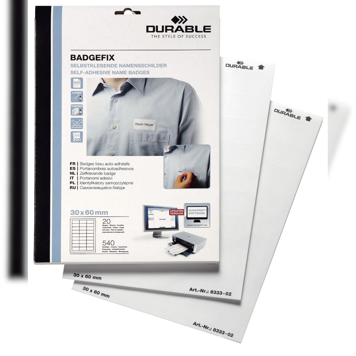 Durable 8333 02 Selbstklebe-Namensschild BADGEFIX, Acetatseide, weiß, 60 x 30 mm, 540 Schilder Image