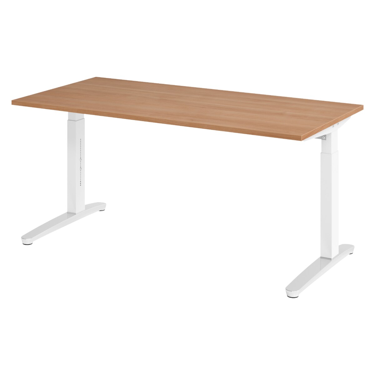 bümö manuell höhenverstellbarer Schreibtisch 160x80 in Nussbaum, Gestell in weiß/alu - PC Tisch höhenverstellbar & groß, höhenverstellbarer Tisch Image