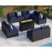 8 Pieces Patio Furniture Set with 45 Plate Embossing Propane Fire Table Outdoor PE Rattan Sectional Sofa Set Patio Gas Fire Pit Conversation Set with Blue Cushions & Glass Table