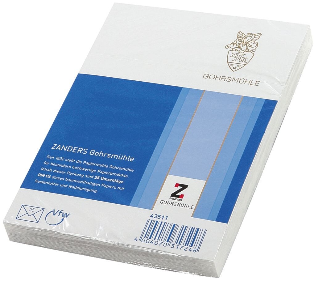 Zanders 43511 Briefumschlag Gohrmühle, C6, 114 x 162 mm, ws, gummierte Klappe, 80 g, 25 Stk Image
