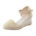 Summer Sandals for Women Uk Platform Wedge Sandals Ladies Espadrille Wedges Knotted Strappy Mid Heel Ankle Strap Fashion Versatile Braided Buckle Closed Toe Wedge Strap Sandals for Women (Beige, 7)