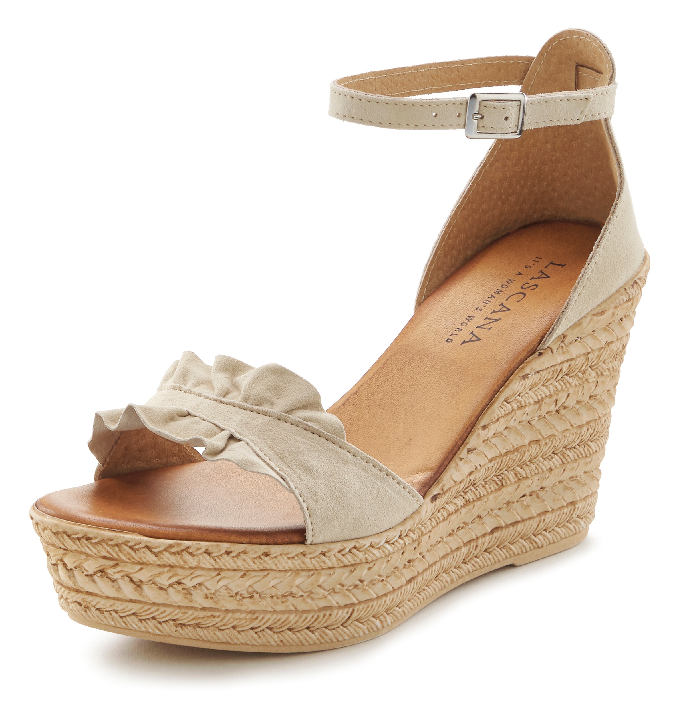 Sandalette LASCANA "Sommerschuh", Damen, Gr. 41, beige, Obermaterial: 50% Rindsleder, 50% Ziegenleder. Decksohle: 100% Rindsleder. Futter: 50% Rindsleder, 50% Ziegenleder. Laufsohle: 100% Synthetik, unifarben, Schuhe Riemchensandale Sandalette,...