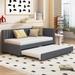 Upholstered Daybed with Trundle Twin Size Sofa Bed Frame No Box Spring Needed, Linen Fabric, Gray