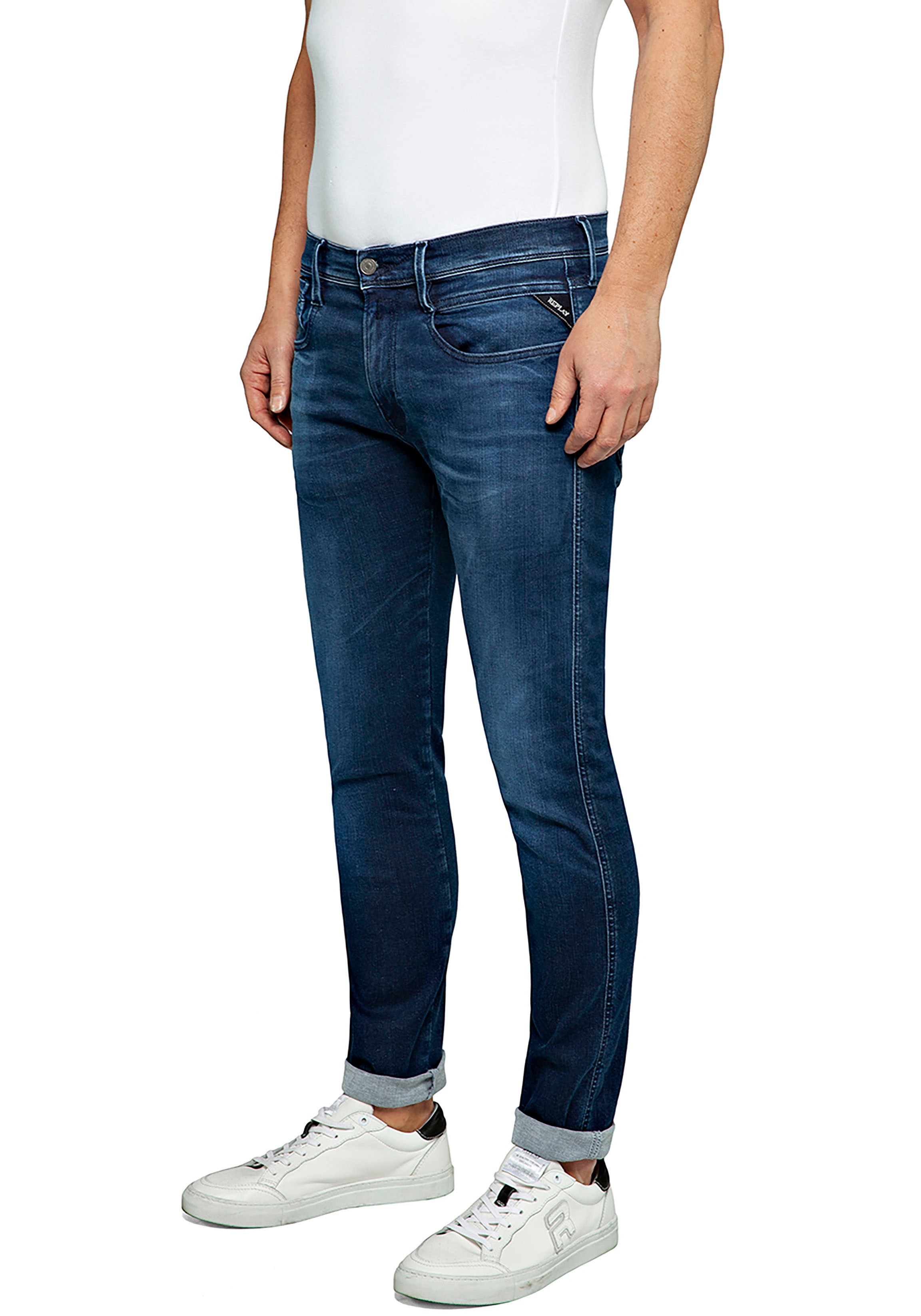 Slim-fit-Jeans REPLAY "ANBASS HYPERFLEX BIO", Herren, Gr. 34, Länge 34, blau (dunkelblau, washed), Denim/Jeans, Obermaterial: 85% Baumwolle, 10% Polyester, 5% Elasthan, slim fit lang, Jeans Slim-fit-Jeans, mit Stretch-Anteil