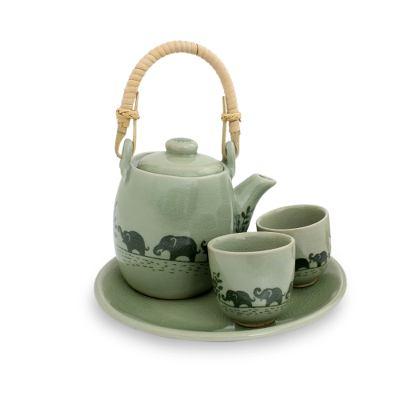 Celadon ceramic tea set 'Elephant Parade' (set for...