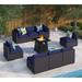 8 Pieces Patio Furniture Set with 45 Plate Embossing Propane Fire Table Outdoor PE Rattan Sectional Sofa Set Patio Gas Fire Pit Conversation Set with Blue Cushions & Glass Table