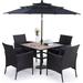 & William Outdoor 6 Pieces Dining Set with 4 Rattan Chairs 1 Wood-Like Metal Table and 1 10ft 3 Tier Auto-tilt Umbrella(No Base) Red Modern Patio Furniture for Poolside Porch Pati