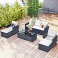6-piece All-Weather Wicker PE rattan Patio Outdoor Dining Conversation Sectional Set with coffee table wicker sofas ottomans removable cushions (Black wicker Beige cushion)