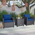 3 Pieces Rattan Patio Furniture Set with Washable Cushion-Dark Blue