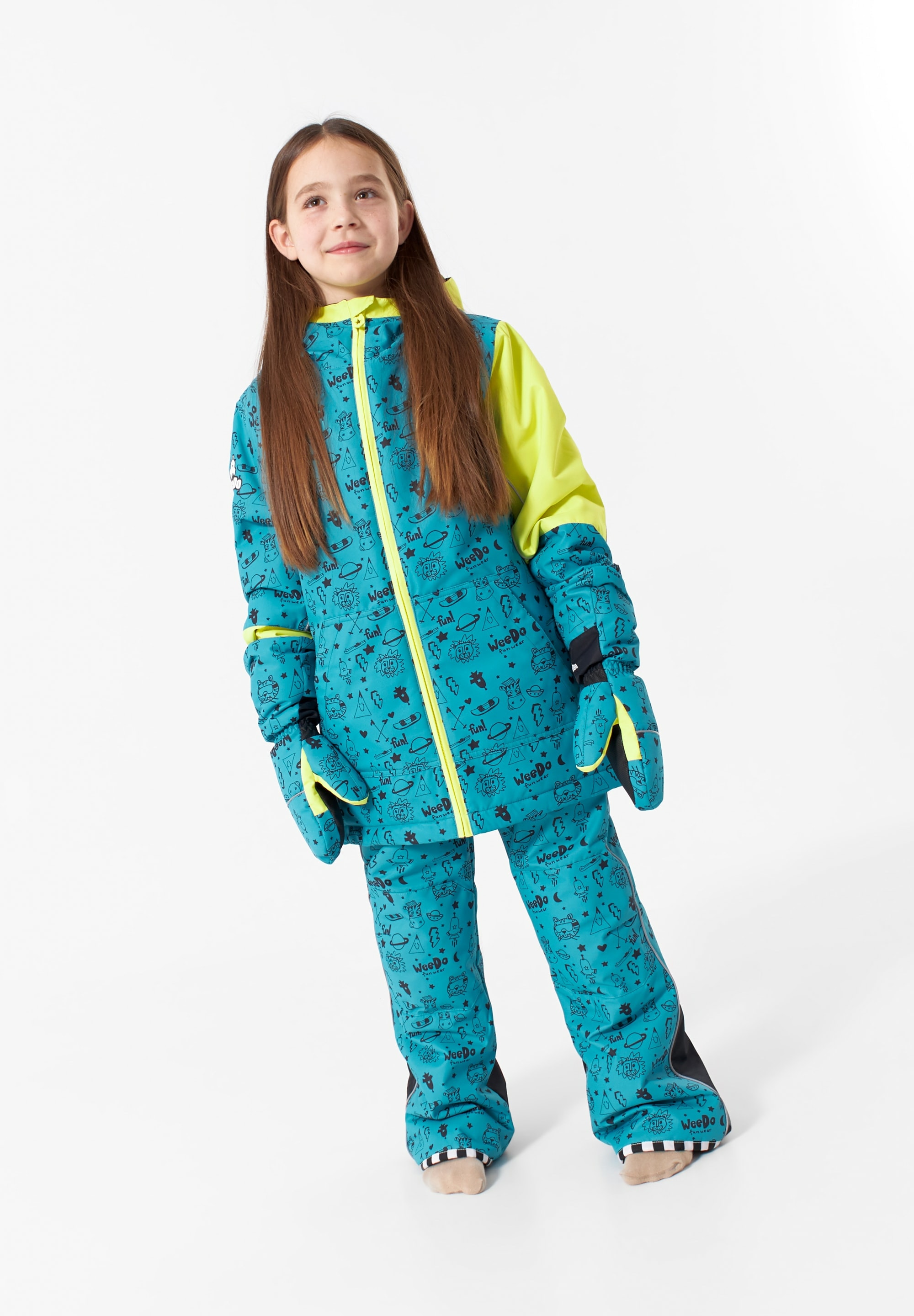 Winterjacke WEEDO "COSMO UNIVERSE", Mädchen, Gr. 116, blau (petrol_schwarz_print), Obermaterial: 100% Polyester, Innenmaterial: 50% Polyamid, 50% Polyester; Füllung: 100% Polyester, normal, Jacken, Atmungsaktiv, wasserdicht, helmkompatible Kapuze Image