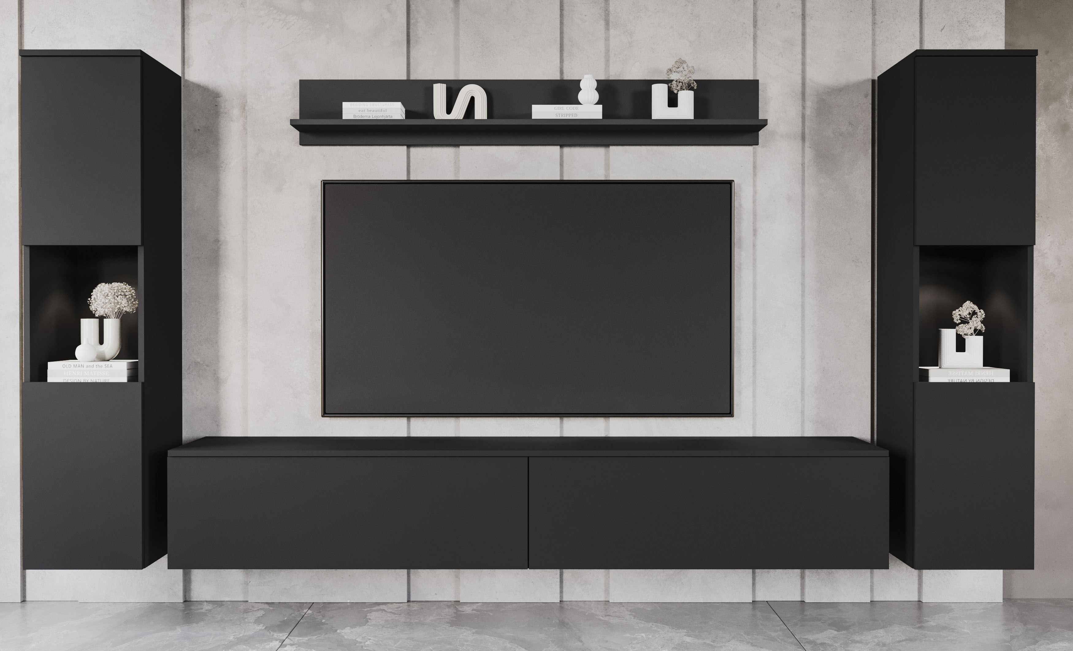 Wohnwand INOSIGN "PARIS, Vitrine Türanschlag links/rechts wechselbar", schwarz (graphite schwarz matt, graphite schwarz matt), B:260cm H:130cm T:33cm, Hartfaserplatte, Kastenmöbel-Sets, grifflose Design, stehend und hängend montierbar