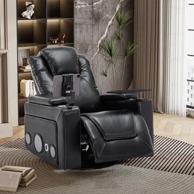 270 Degree Swivel PU Leather Power Recliner Home Theater Recliner with Surround Sound, Cup Holder, Removable Tray Table