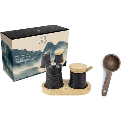 Peugeot Bali Black Cast-Iron Pepper Mill & Salt Cellar With Wooden Tray Gift Boxed- With Wooden Spice Scoop