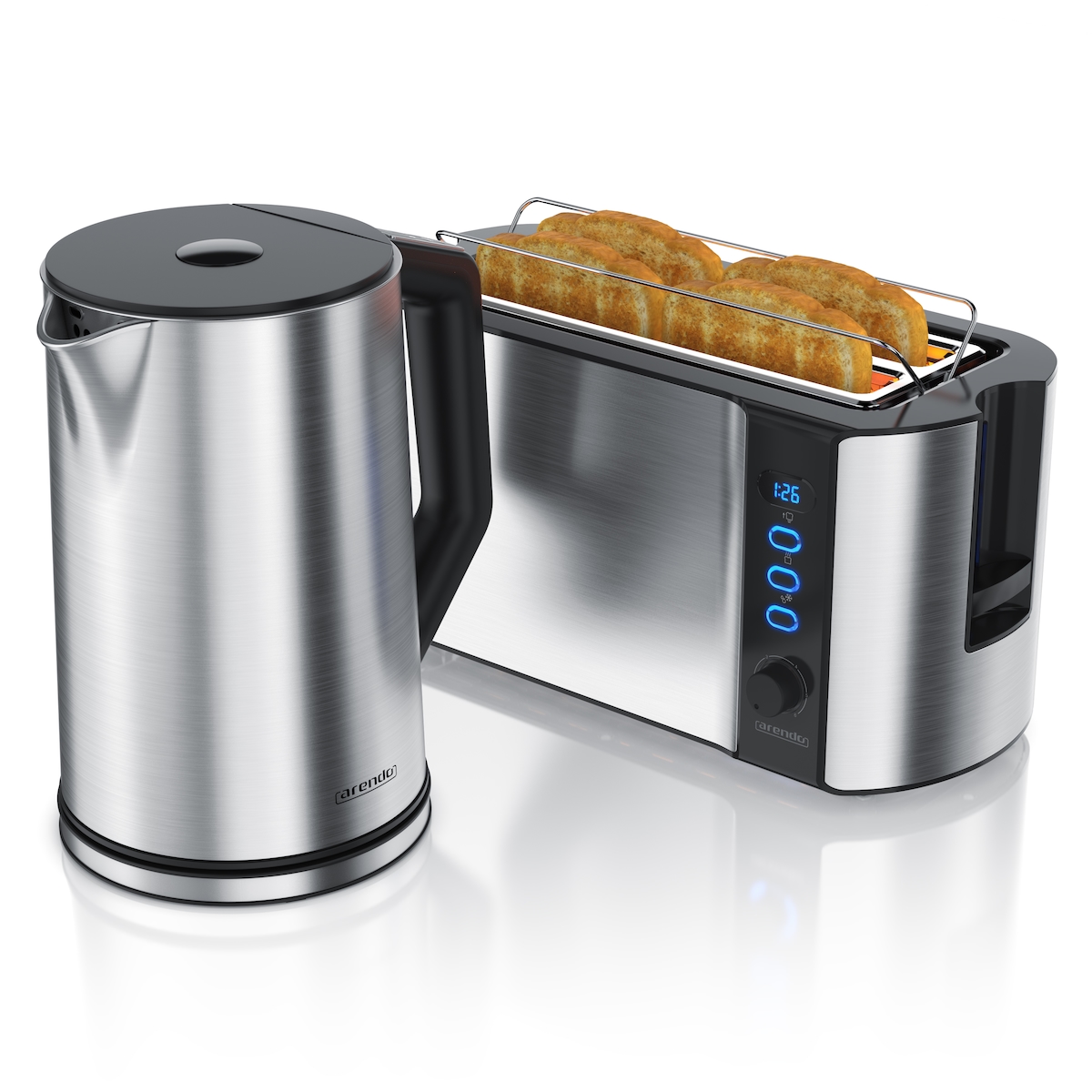 Arendo 2-teiliges Frühstücksset, Edelstahl Wasserkocher 2200W, 4-Scheiben Langschlitz Toaster, Silber Image