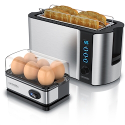 Arendo Frühstücksset, Langschlitz Toaster 4 Scheiben, Eierkocher für 6 Eier, Silber Image