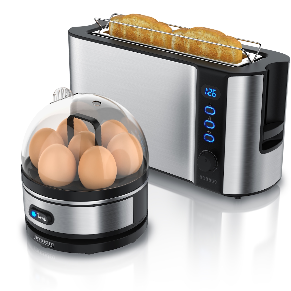 Arendo 2-teiliges Frühstücksset, 1000W Langschlitz Toaster für 2 Scheiben, Eierkocher SEVENCOOK, Silber Image