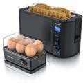 Arendo - Set Toaster MANHA mit Eierkocher SIXCOOK Edelstahl Schwarz, Toaster 4 Scheiben, LED-Display, 6 Bräunungsgrade, Brötchenhalter - Eierkocher