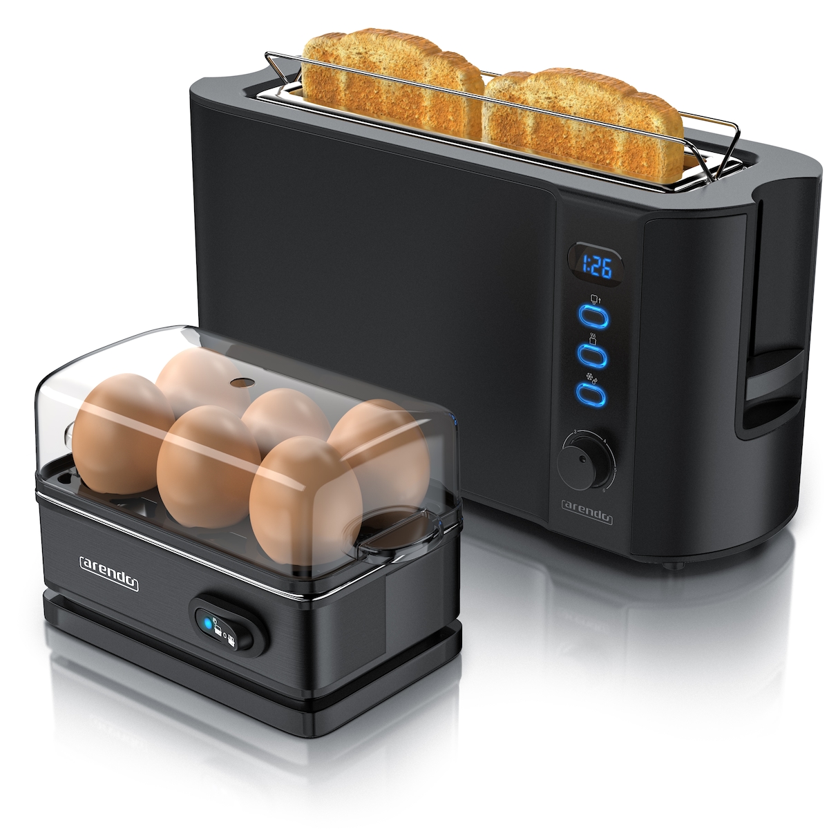 Arendo - SET Toaster FRUKOST mit Eierkocher SIXCOOK Edelstahl Schwarz, Toaster 2 Scheiben, LED-Display, 6 Bräunungsgrade, Brötchenhalter - Eierkocher Image