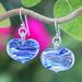 Loving Blue,'Handblown Glass Heart Dangle Earrings in Blue and White'