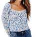 American Eagle Outfitters Tops | American Eagle Women Sz Xs Blue/White Floral Gathered Waist Long Sleeve Crop Top | Color: Blue/White | Size: Xs