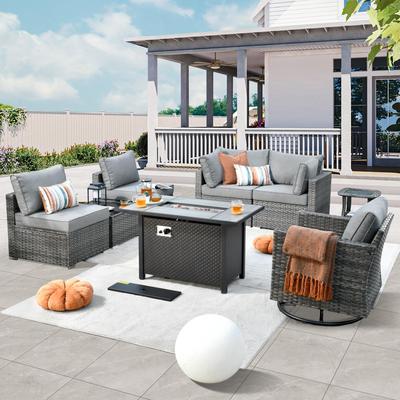 HOOOWOOO 8-piece Rattan Wicker Patio Furniture Set with Fire Pit