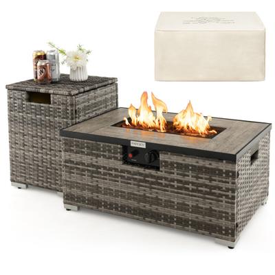 Costway 32 x 20 Inch Propane Rattan Fire Pit Table Set with Side Table Tank and Cover-Gray