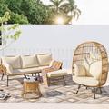 NICESOUL 4PCS Wicker Bohemian-style Outdoor Sofa Patio Sectional Furniture include Egg Lounge Chair Natural Yellow