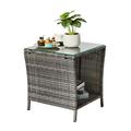 Outdoor Patio Wicker Side Table Square End Table Bistro Coffee Table with Glass Top Storage Shelf for Porch Garden Backyard Grey