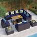 6 Pieces Outdoor Patio Furniture Set with 45 Plate Embossing Propane Fire Pit Table Outdoor Wicker Sectional Sofa Conversation Set with Blue Cushions & Coffee Table