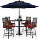 & William Patio Bar Set 6 Piece Outdoor Dining Table and Chairs Metal Furniture Set with 4 Swivel Bar Stools 1 Square Bar Height Table and 3-Tier 10ft Patio Umbrella Navy