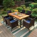 & William 6 Pieces Patio Dining Set for 6 4 PE Rattan Chairs and 1 Rectangular Acacia Wood Table and 1 Bench Outside Table and Chairs with Cushions Outdoor Furniture for Decker Yar