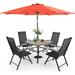 & William Outdoor 6 Pieces Dining Set with 4 Rattan Chairs 1 Wood-Like Metal Table and 1 10ft 3 Tier Auto-tilt Umbrella(No Base) Red Modern Patio Furniture for Poolside Porch Pati